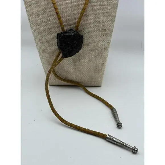 Vintage Braided Leather Bolo Tie with Black Stone Slide